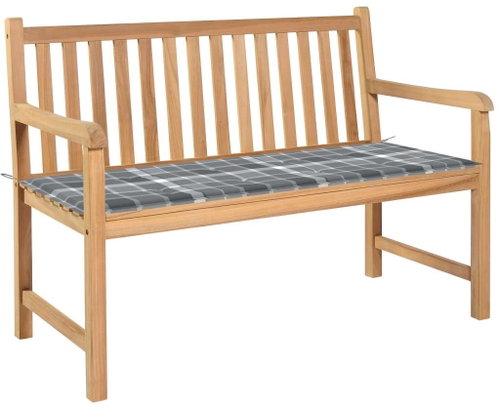 Zahradní lavice s šedou károvanou poduškou 120 cm masivní teak, 3062690 - Zahradní lavice - Hlavný obrázok