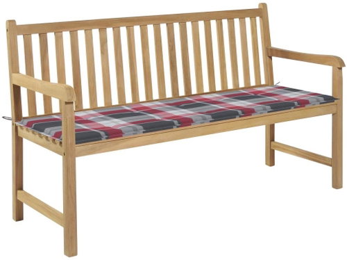 Zahradní lavice + červená károvaná poduška 150 cm masivní teak, 3062716 - Zahradní lavice - Main image