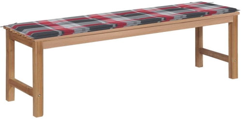 Zahradní lavice + červená károvaná poduška 150 cm masivní teak, 3062851 - Zahradní lavice - Main image