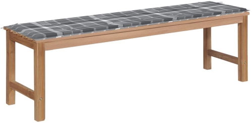 Zahradní lavice s šedou károvanou poduškou 150 cm masivní teak, 3062852 - Zahradní lavice - Main image