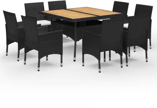 9-piece garden dining set polyrattan and acacia wood black , 3058342 - Garden Furniture - Main image