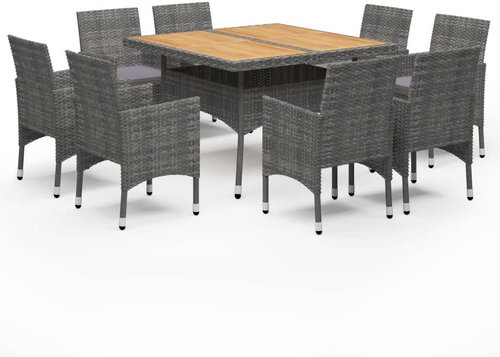 9-piece garden dining set polyrattan and acacia wood grey , 3058343 - Garden Furniture - Main image