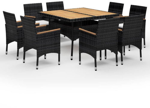 9-piece garden dining set polyrattan and acacia wood black , 3058346 - Garden Furniture - Main image