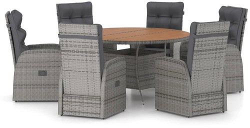 7-piece garden dining set with cushions polyrattan grey, 3059353 - Garden Furniture - Main image
