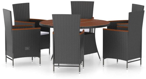 7-piece garden dining set with cushions polyrattan black, 3059359 - Garden Furniture - Main image