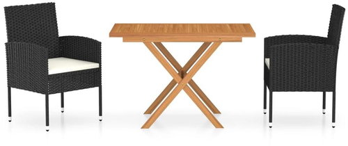 3-piece garden dining set polyrattan and acacia wood black, 3059460 - Garden Furniture - Main image