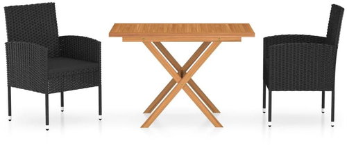 3-piece garden dining set polyrattan and acacia wood black, 3059461 - Garden Furniture - Main image