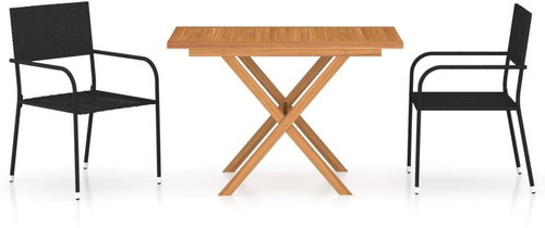 3-piece garden dining set polyrattan and acacia wood black, 3059463 - Garden Furniture - Main image