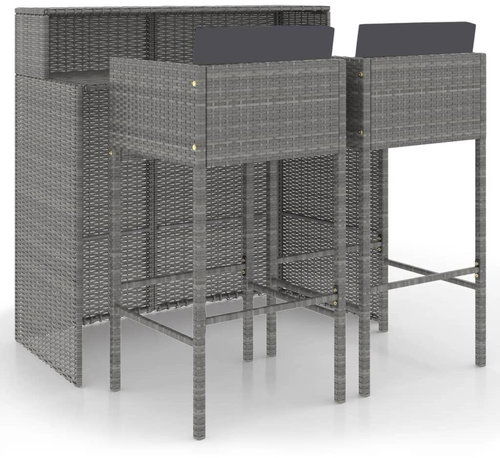 3dílný zahradní barový set s poduškami polyratan šedý, 3094808 - Zahradní nábytek - Main image