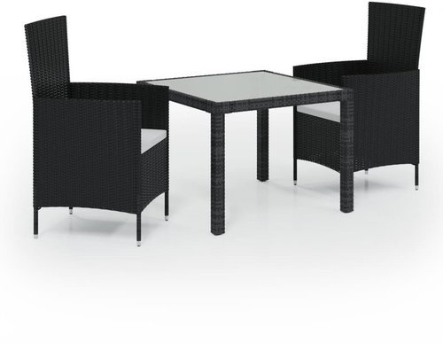 3-piece garden dining set with cushions polyrattan black, 3094825 - Garden Furniture - Main image