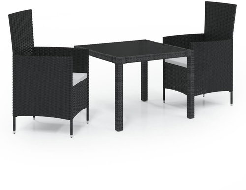 3-piece garden dining set with cushions polyrattan black, 3094841 - Garden Furniture - Main image