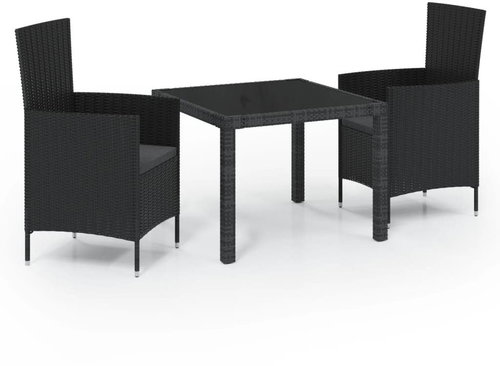 3-piece garden dining set with cushions polyrattan black, 3094849 - Garden Furniture - Main image