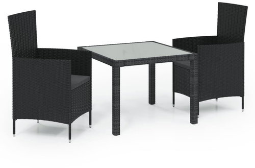 3-piece garden dining set with cushions polyrattan black, 3094865 - Garden Furniture - Main image