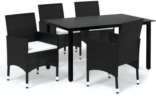 5-piece garden dining set with cushions polyrattan black , 3094975 - Garden Furniture - Main image