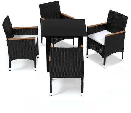 5-piece garden dining set with cushions polyrattan black , 3094998 - Garden Furniture - Main image