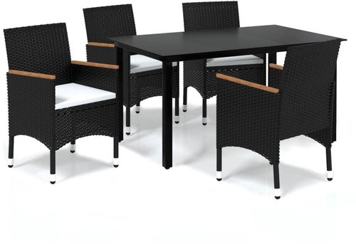 5-piece garden dining set with cushions polyrattan black , 3094999 - Garden Furniture - Main image