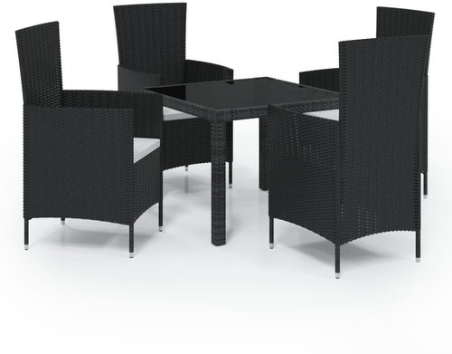 5-piece garden dining set with cushions polyrattan black, 3094842 - Garden Furniture - Main image