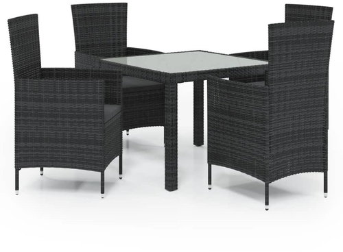 5-piece garden dining set with cushions polyrattan black, 3094866 - Garden Furniture - Main image