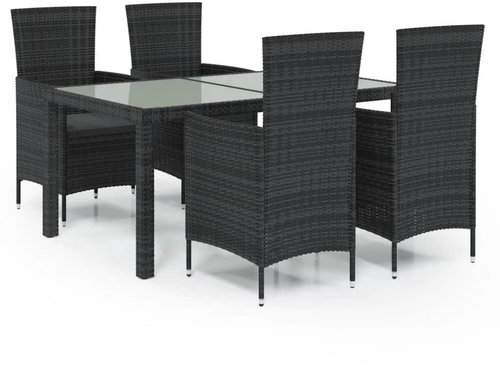 5-piece garden dining set with cushions polyrattan black, 3094867 - Garden Furniture - Main image