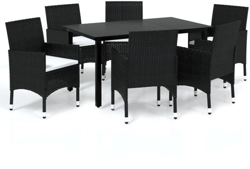 7-piece garden dining set with cushions polyrattan black , 3094976 - Garden Furniture - Main image
