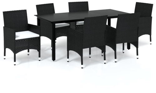 7-piece garden dining set with cushions polyrattan black , 3094977 - Garden Furniture - Main image