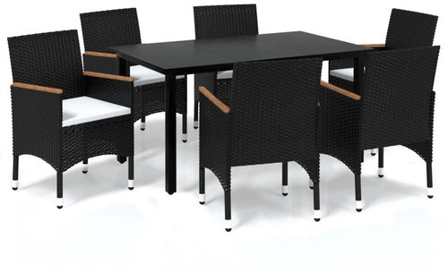 7-piece garden dining set with cushions polyrattan black , 3095000 - Garden Furniture - Main image