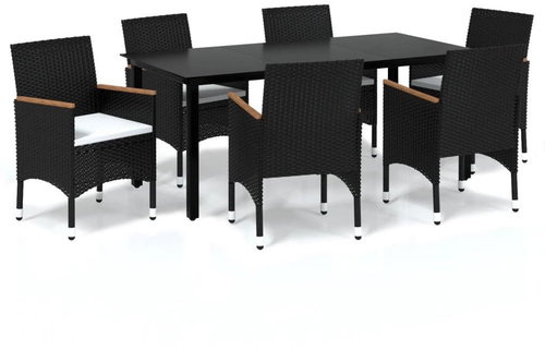 7-piece garden dining set with cushions polyrattan black , 3095001 - Garden Furniture - Main image