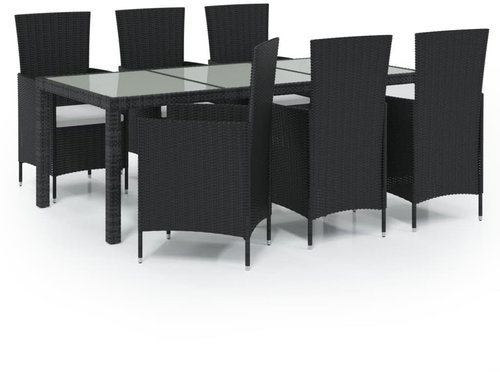 7-piece garden dining set with cushions polyrattan black, 3094829 - Garden Furniture - Main image