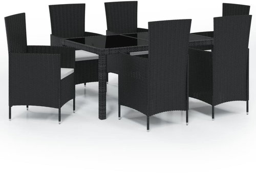 7-piece garden dining set with cushions polyrattan black, 3094844 - Garden Furniture - Main image