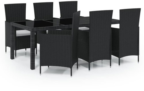 7-piece garden dining set with cushions polyrattan black, 3094845 - Garden Furniture - Main image