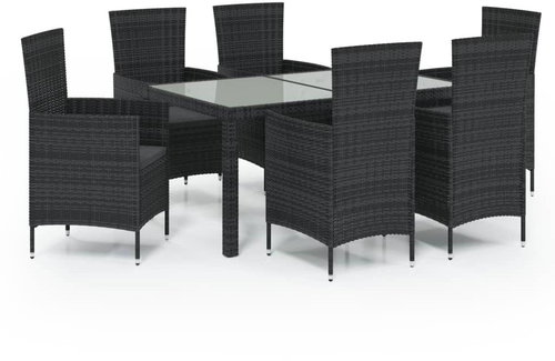 7-piece garden dining set with cushions polyrattan black, 3094868 - Garden Furniture - Main image