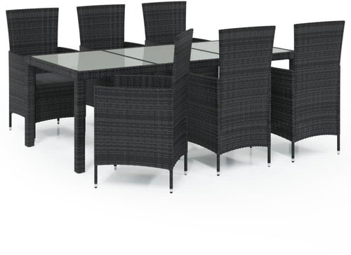 7-piece garden dining set with cushions polyrattan black, 3094869 - Garden Furniture - Main image