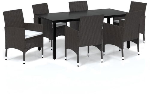 7-piece garden dining set with cushions polyrattan brown , 3094995 - Garden Furniture - Main image
