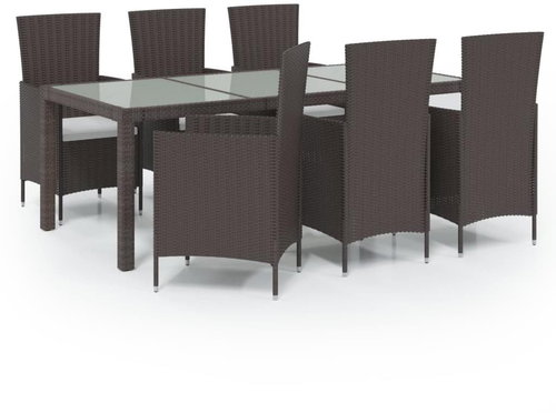 7-piece garden dining set with cushions polyrattan brown, 3094821 - Garden Furniture - Main image