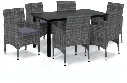 7-piece garden dining set with cushions polyrattan grey , 3094982 - Garden Furniture - Main image