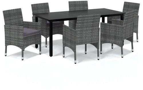 7-piece garden dining set with cushions polyrattan grey , 3094983 - Garden Furniture - Main image