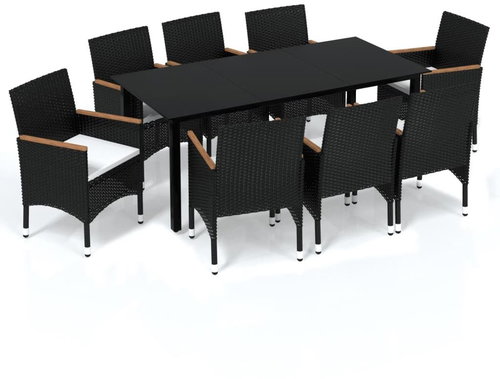 9-piece garden dining set with cushions polyrattan black , 3095002 - Garden Furniture - Main image