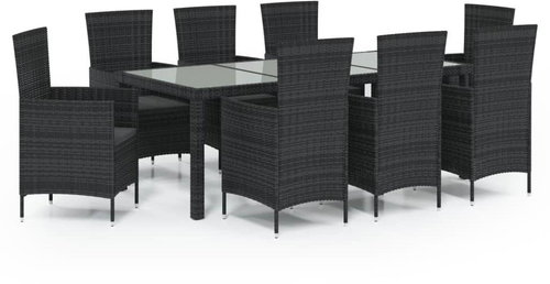 9-piece garden dining set with cushions polyrattan black, 3094870 - Garden Furniture - Main image