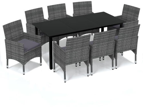 9-piece garden dining set with cushions polyrattan grey , 3094984 - Garden Furniture - Main image