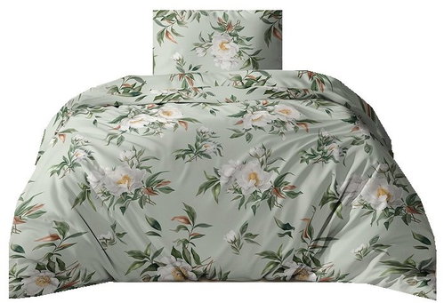 4sleep Bavlněné saténové povlečení 140 × 200, 70 × 90 cm ,pivoňky zelené - Bed Linen - Main image