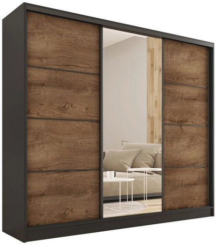 Cheapest furniture Harazia 200 with mirror - black matt / oak lefkas - Wardrobe - Main image