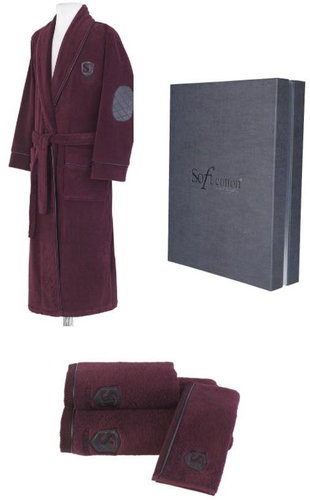 Soft Cotton - Dárková sada pánského županu LUXURY s ručníkem a osuškou, bordó, S - Župan - Main image