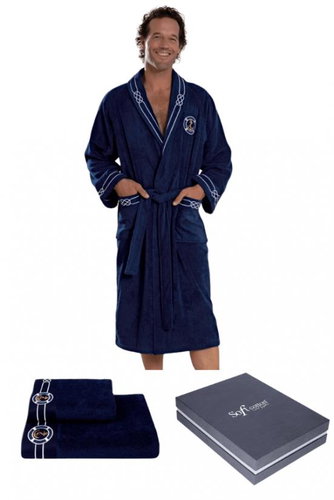 Soft Cotton - Gift set of men's bathrobe MARINE MAN with towel and bath towel, dark blue, M - Bathrobe - Main image