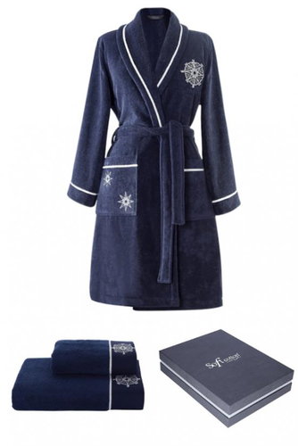 Soft Cotton - Gift set of ladies' MARINE LADY bathrobe with towel and bath towel, dark blue, XL - Bathrobe - Main image