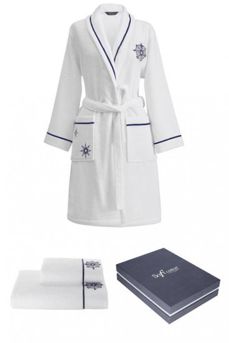 Soft Cotton - Gift set of ladies' MARINE LADY bathrobe with towel and bath towel, white, S - Bathrobe - Main image