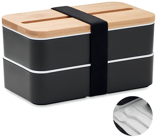Sortland Snack box with cutlery, wooden lid, 800 ml, black - Lunch Box - Main image