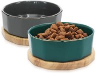 Sortland Set 2 velkých keramických misek na dřevěném podtácku - šedá/zelená - Dog Bowl