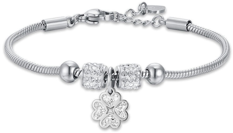 Girl's steel bracelet with heart four-leaf clover and white crystals