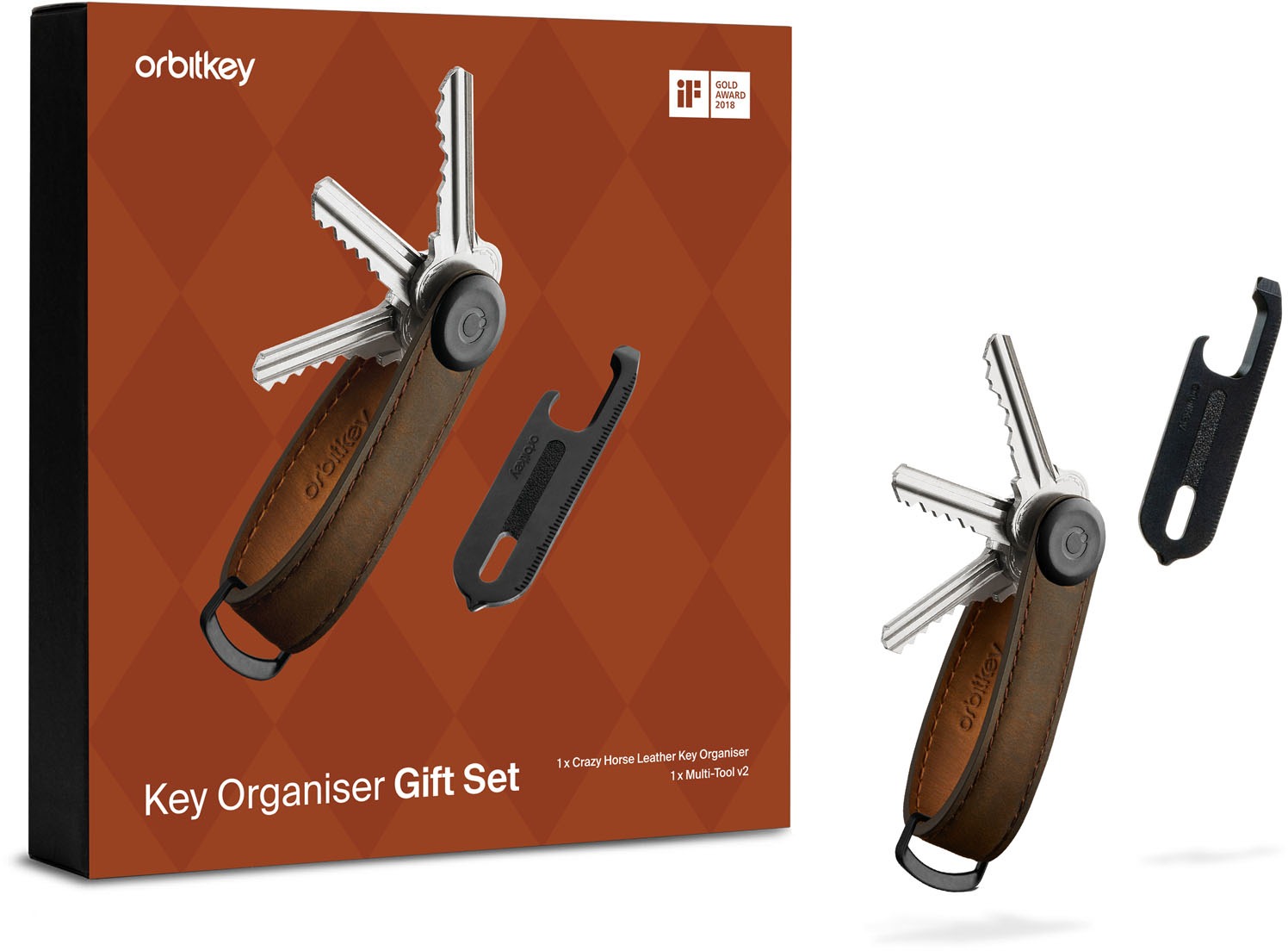 ORBITKEY Key Organiser Crazy Horse + Multitool V2 Set, Oak Brown