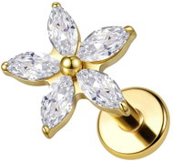PININ Labreta s plochou zadní částí, zlatá (vršek 7 mm) – zlatá kytička - Piercing